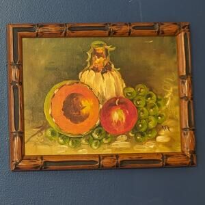 Vintage Signed REK Oil Painting Fruit Still Life Bamboo Framed Canvas Board OOAK